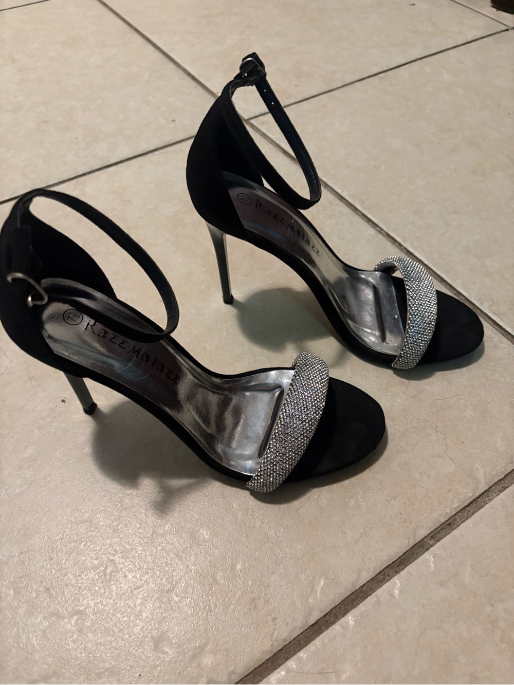 Black Rhinestone Ankle-Strap Stiletto Sandals